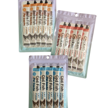 Three packages of God Fish cat food sticks on a white background
