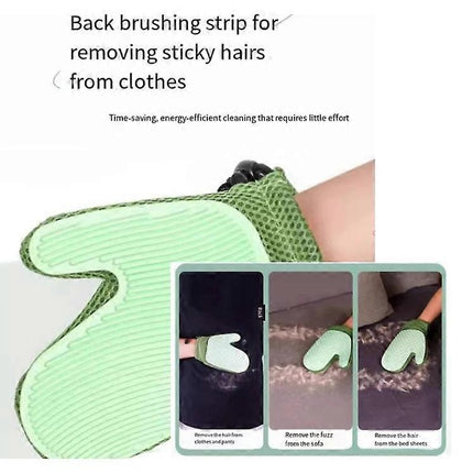 Green back brushing strip for removing sticky hairs from clothes with text on a white background.