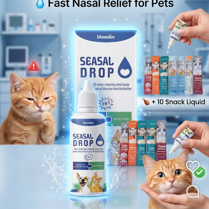 Advertisement for SEASAL DROP nasal relief product for pets with a cat and a hand holding the product.