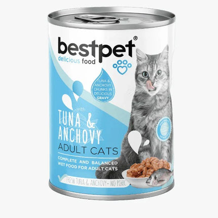 Can of BestPet cat food with tuna and anchovy flavor on a white background