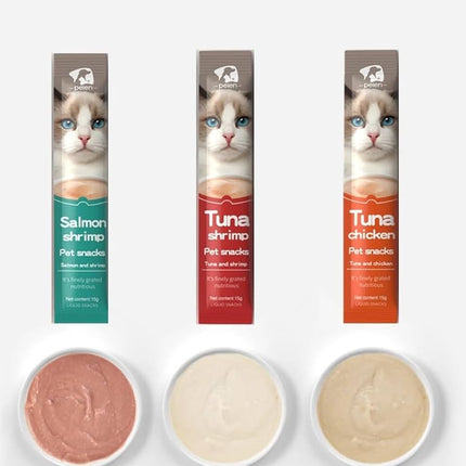 Three packages of cat snacks with corresponding sample dishes on a white background