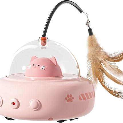 Pink cat-shaped toy with a transparent dome and feather attachment on a white background