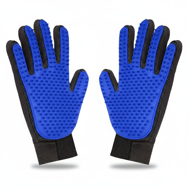 Pair of blue grooming gloves with black accents on a white background