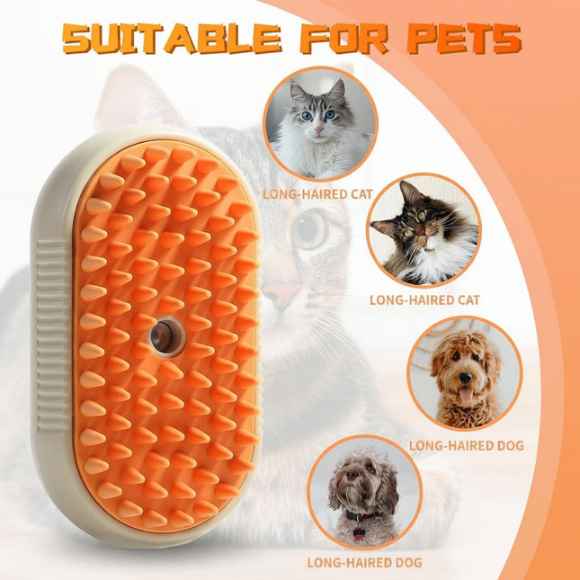Pet grooming brush with orange bristles and images of pets suitable for use.