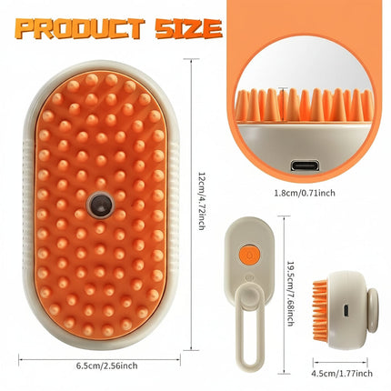 Grooming brush with orange bristles and measurements on a white background