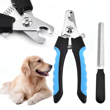 Dog nail clippers with blue handles, a nail file, and a dog lying on a white background.