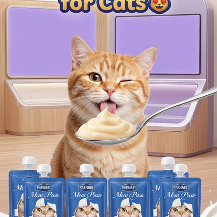 Cat eating meat paste with Jumanji PetSpot branding in the background