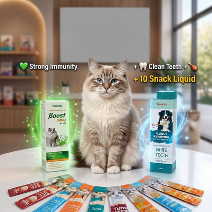 Cat sitting on a table with pet care products and promotional text in the background.
