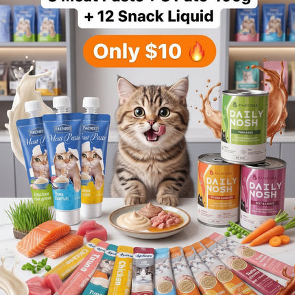 Cat food products including meat paste, pate, and snack liquid with a cat on a table.
