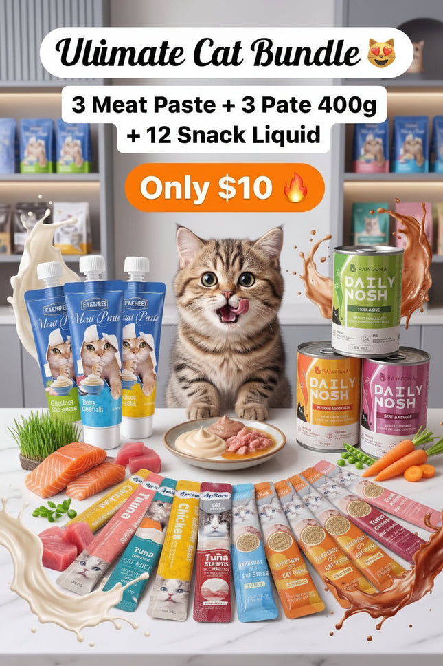 Cat food products including meat paste, pate, and snack liquid with a cat on a table.