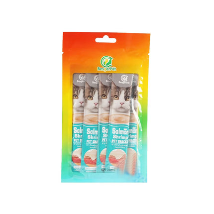 Pack of cat treats with a colorful packaging design on a white background