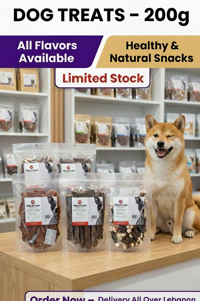 Dog treats packaging with a dog sitting next to it, promotional text about limited stock and contact information.