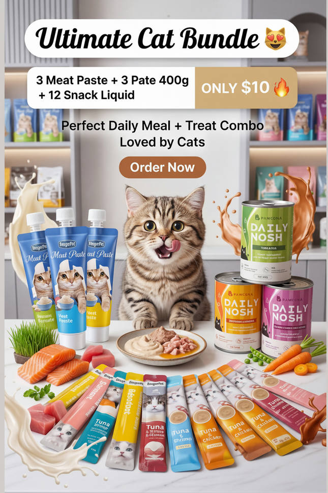 Cat food products including meat paste, pate, and snack liquid with a cat sitting on a table.