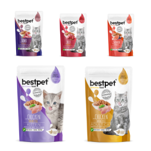 Five packages of BestPet cat food on a white background
