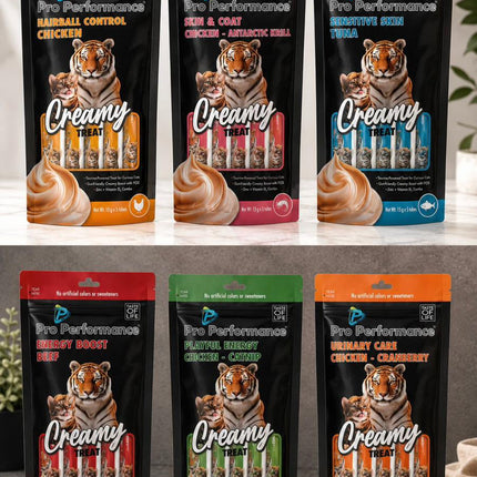 Assorted packages of Pro Performance dog treats with different flavors on a wooden surface.