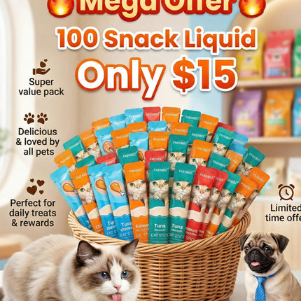 Promotional image of Jumanji Pet Shop cat and dog liquid snack packages with two pets and a basket of snacks.