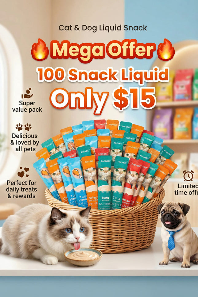 Promotional image of Jumanji Pet Shop cat and dog liquid snack packages with two pets and a basket of snacks.