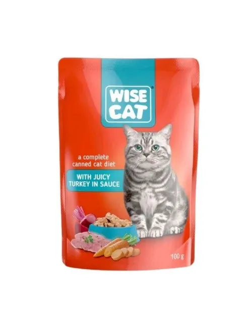Wise Cat cat food pouch with a cat on the label on a white background
