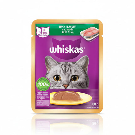 Whiskas tuna-flavored cat food pouch on a white background