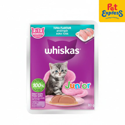 Whiskas Junior tuna-flavored cat food package with a kitten on the label, featuring Pet Express branding.