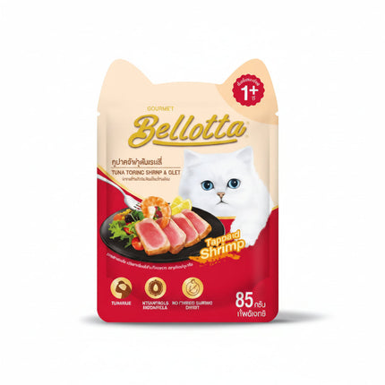 Bellotta cat food package with tuna, shrimp, and shrimp illustration on a white background