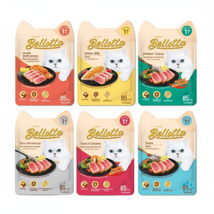 Six packages of Bellotta cat food with different flavors on a white background