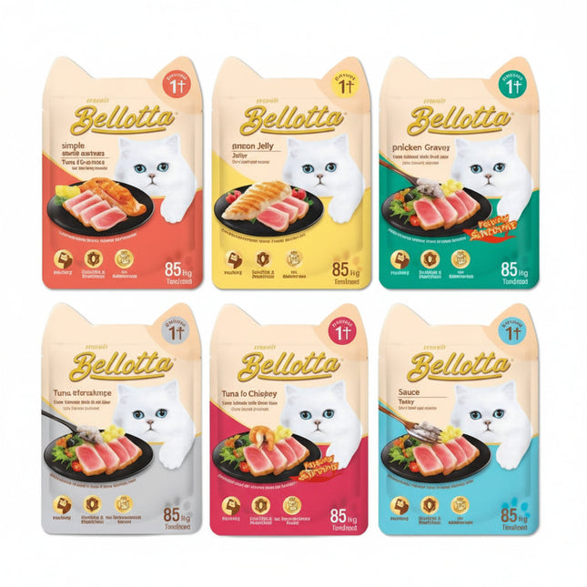 Six packages of Bellotta cat food with different flavors on a white background