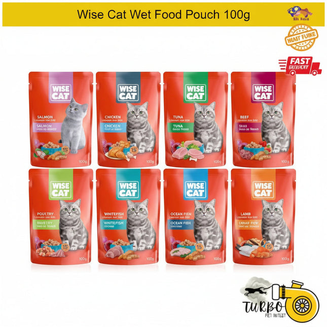 Assorted Wise Cat wet food pouches on a white background