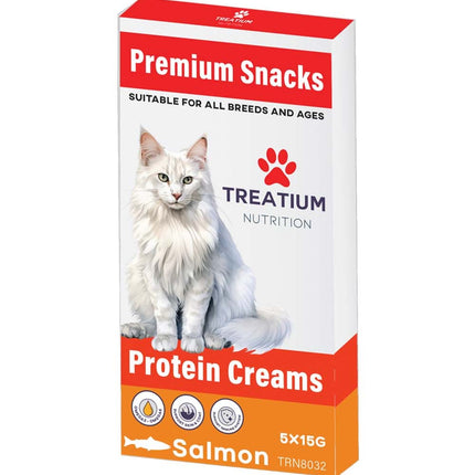 Box of Treatium Premium Snacks for cats with a white cat on the packaging.
