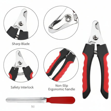 Pet nail clippers with safety features and ergonomic handle on a white background
