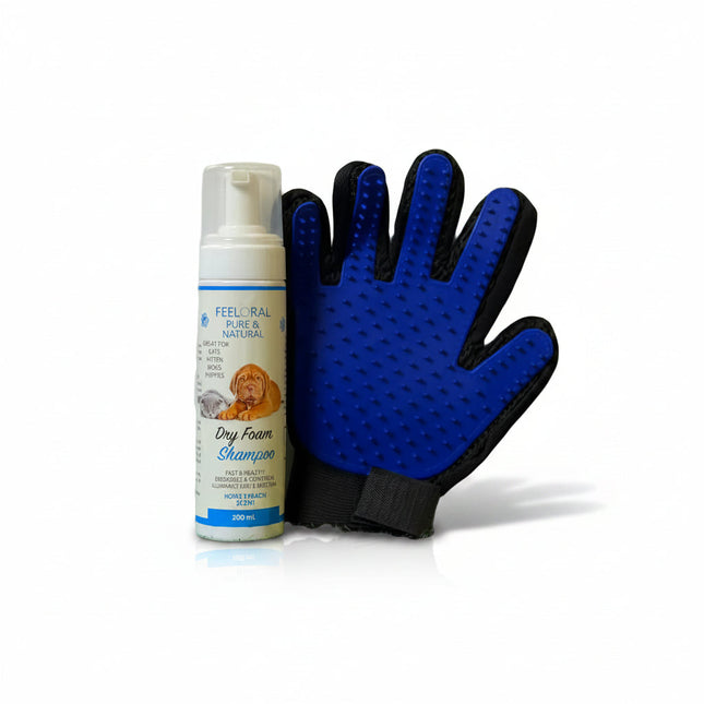 Dog grooming glove and bottle of shampoo on a white background