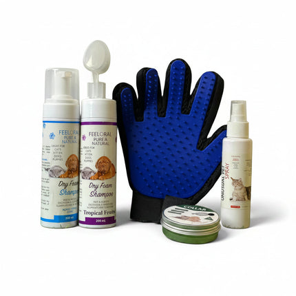 Collection of pet care products including bottles, a grooming glove, and a container on a white background
