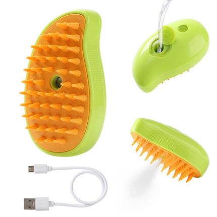 Green and orange grooming brush with USB cable on a white background