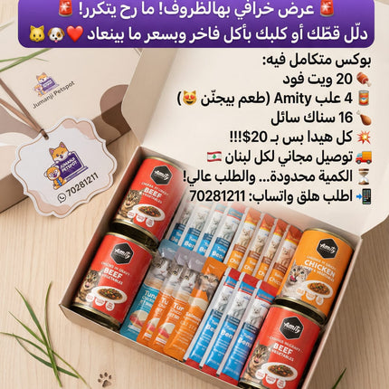 Cat food and treats set in a box with Jumnji Petspot branding.
