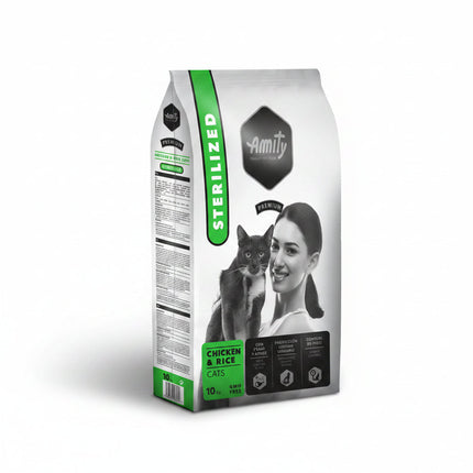 Amity cat food package for sterilized cats with a woman and cat illustration on a white background