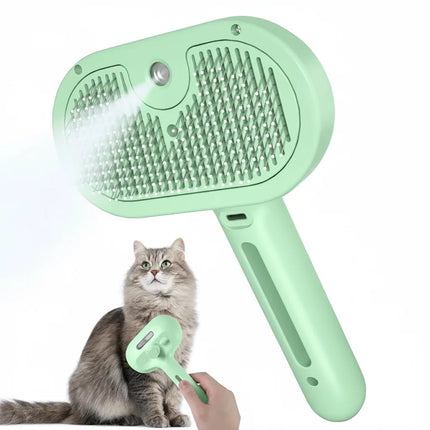 Green pet grooming brush with a cat and additional grooming tools on a white background
