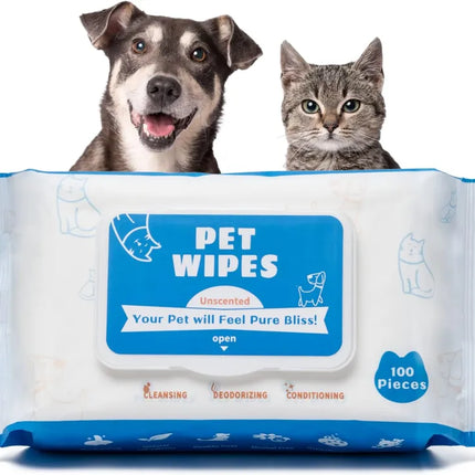 Pet wipes packaging with a dog and cat on a white background
