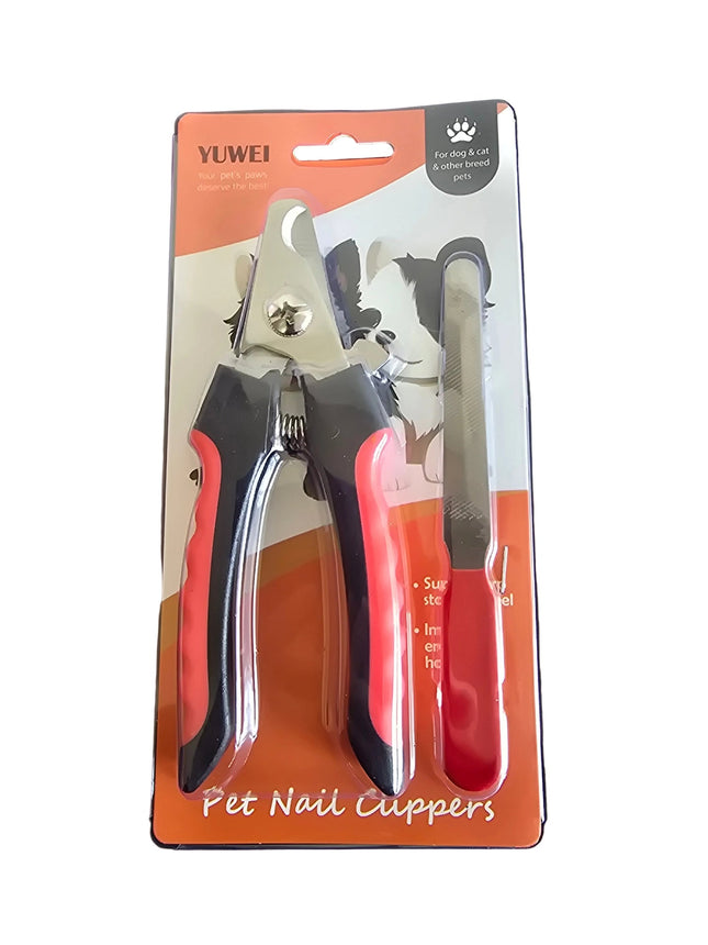 Pet nail clippers with packaging featuring a dog illustration on an orange background.