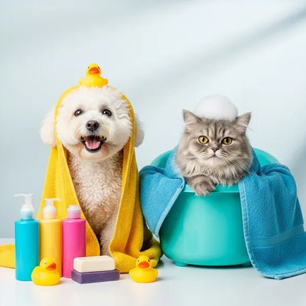 Dog and cat wrapped in towels with cleaning products on a light background